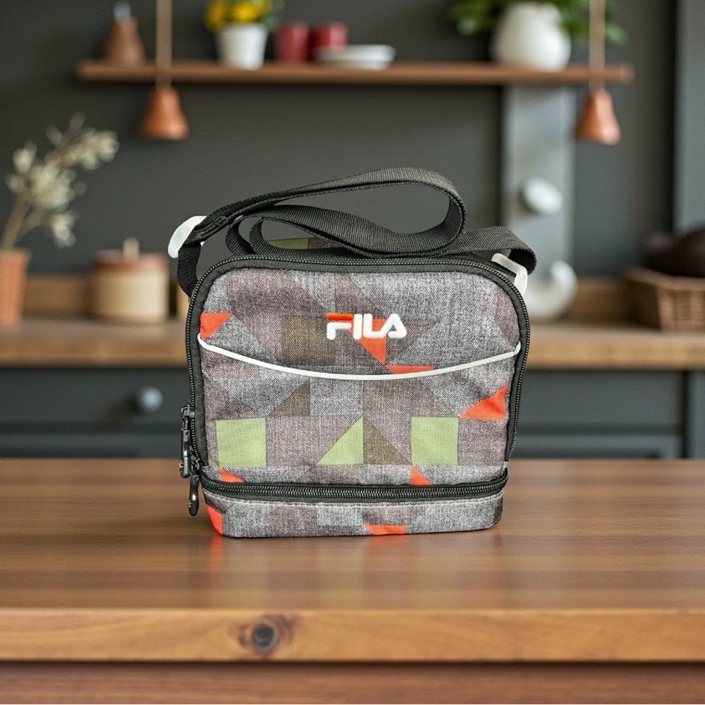 FILA Gray Orange Lunch Bag 3 Pockets Wide Adjustable Strap Insulated Lining Used